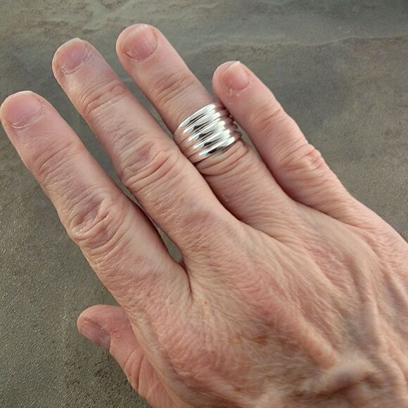 Sterling Extra Wide Contemporary Five Groove Ring Band - Picture 6 of 10